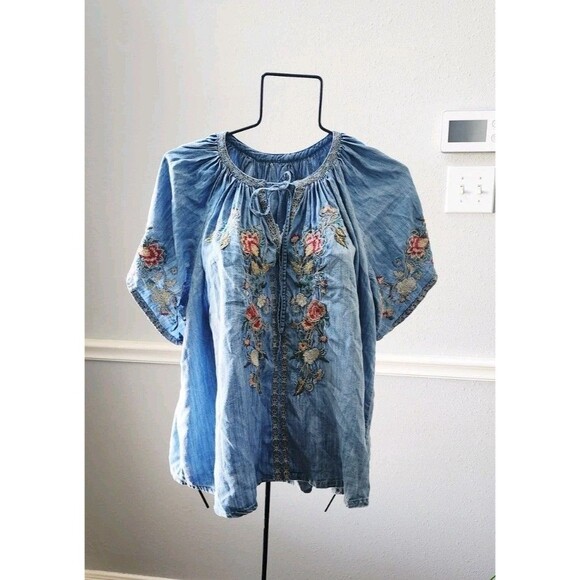 Kyla Seo Tops - Kyla Seo Embroidered Betty  Denim Shirt XL Floral Boho Button Down Western Top